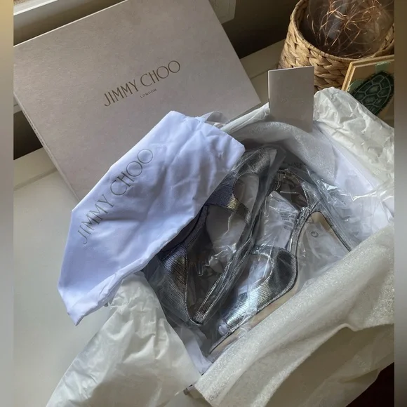 Jimmy Choo Emily 85 Metallic Silver Lizard Print Heels |  37.5 | Like New w/ Box - Picture 8 of 10